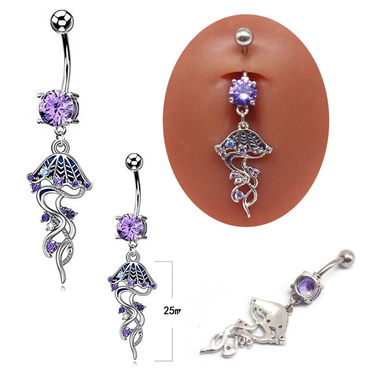 Cute Tropical Jellyfish Stainless Steel Copper Epoxy Inlay Rhinestones Zircon White Gold Plated Belly Ring