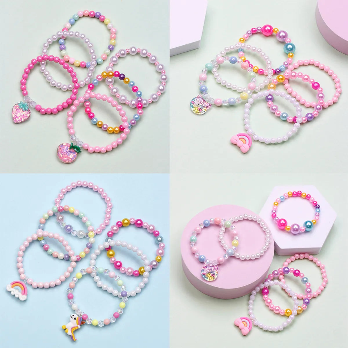 Cute Unicorn Cat Strawberry Plastic Beaded Girl's Bracelets