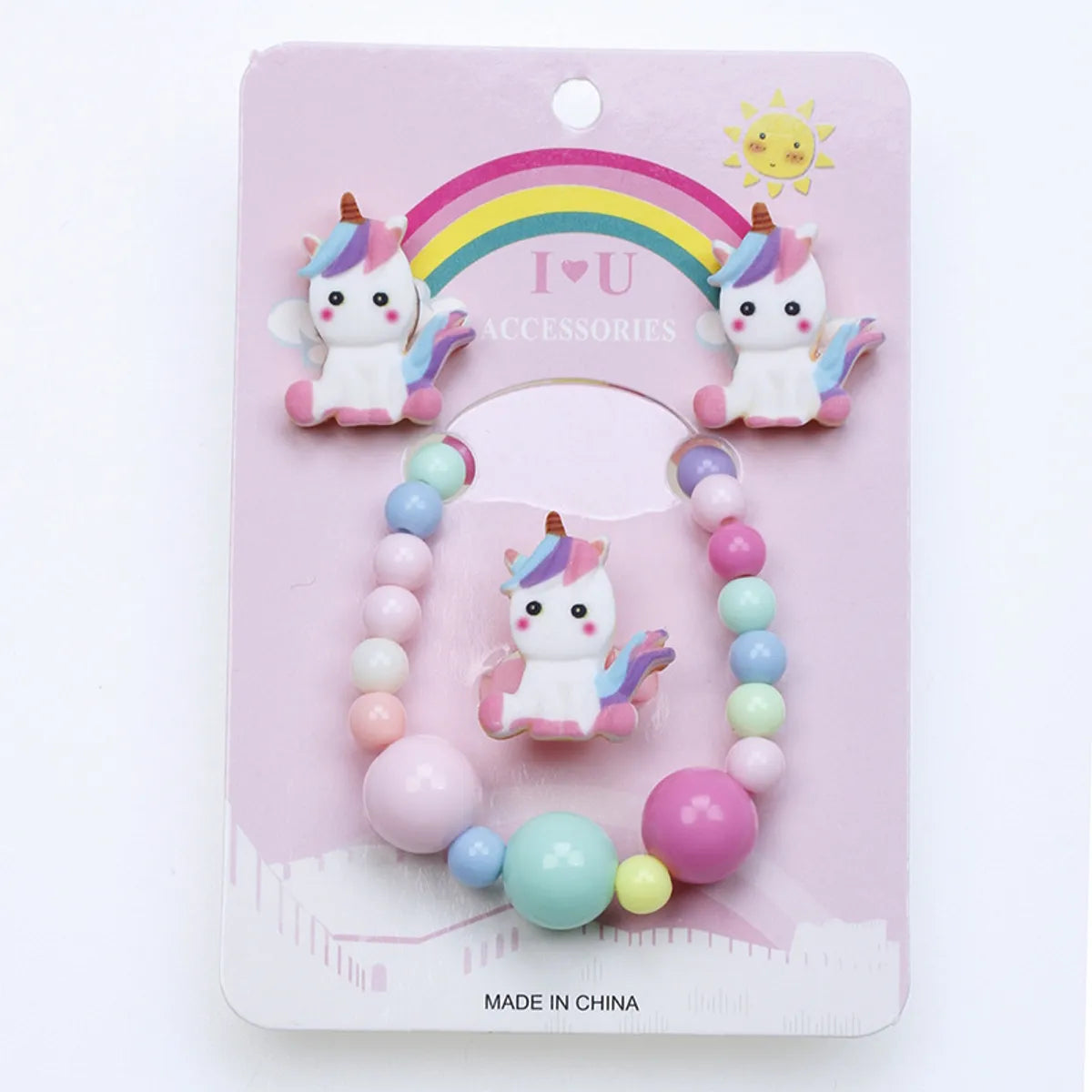 Cute Unicorn Crown Resin Beaded Rings Earrings Necklace 1 Set