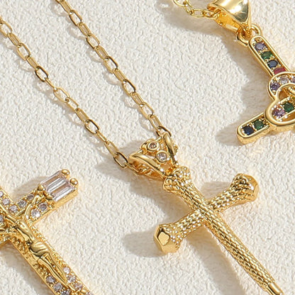 Cute Vintage Style Simple Style Cross Brass 14k Gold Plated White Gold Plated Zircon Pendant Necklace In Bulk