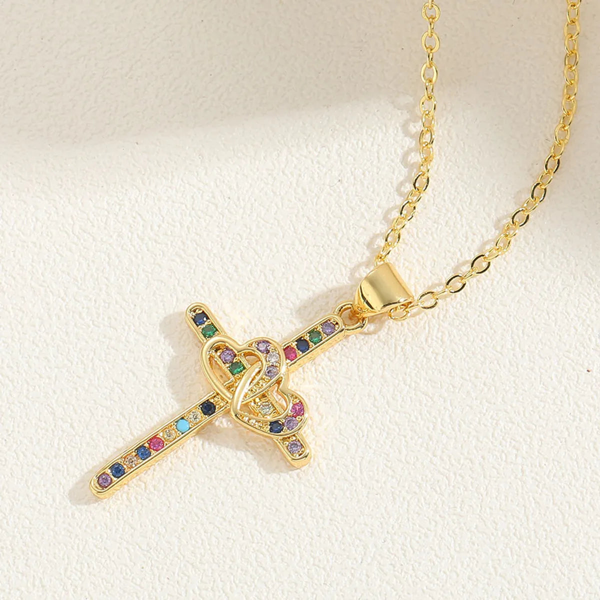 Cute Vintage Style Simple Style Cross Brass 14k Gold Plated White Gold Plated Zircon Pendant Necklace In Bulk