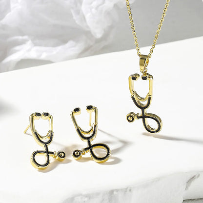 Cute Vintage Style Simple Style Stethoscope Copper 18k Gold Plated Zircon Jewelry Set In Bulk