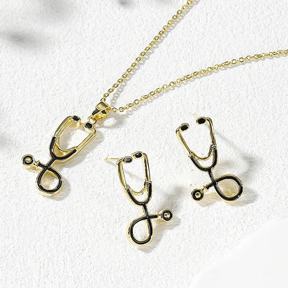 Cute Vintage Style Simple Style Stethoscope Copper 18k Gold Plated Zircon Jewelry Set In Bulk