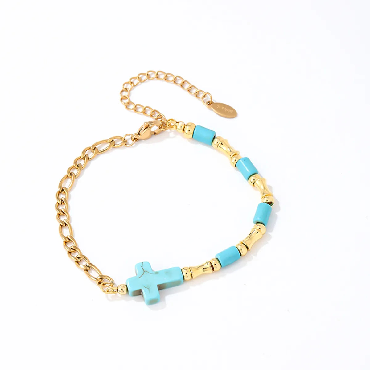 Cute Vintage Style Sweet Cross Heart Shape 304 Stainless Steel Turquoise Copper K Gold Plated Bracelets In Bulk