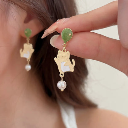 Cute Water Droplets Cat Imitation Pearl Alloy Enamel Earrings