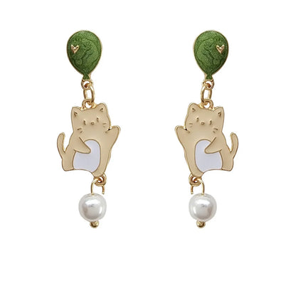 Cute Water Droplets Cat Imitation Pearl Alloy Enamel Earrings