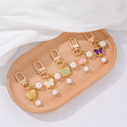 Cute Wedding Sweet Butterfly Alloy Inlay Gem Rhinestones Pearl Bag Pendant Keychain