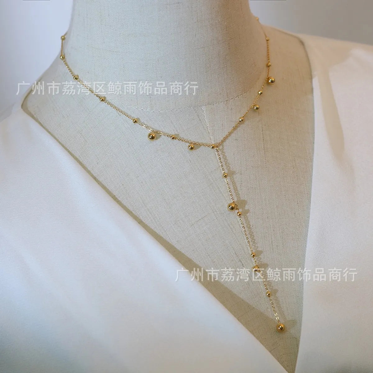 Design Y-shaped Tassel Long Chain Gold Beads Gold Ball Necklace Titanium Steel