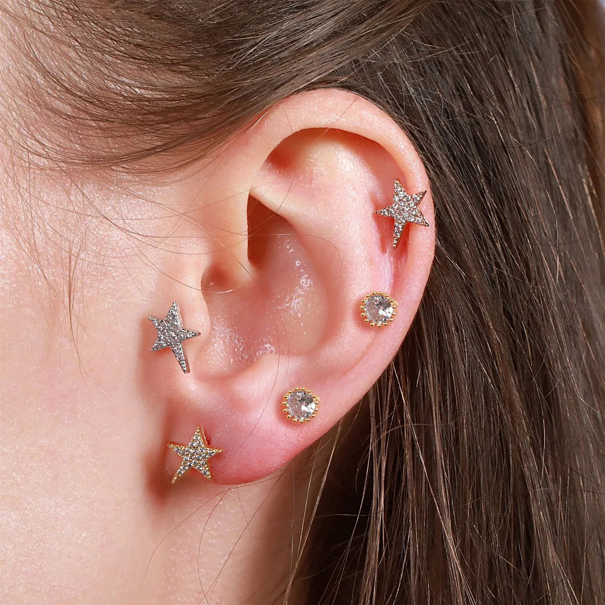 Devil'S Eyes Five-Pointed Star Spiral Copper Plated Gold Zircon Earrings