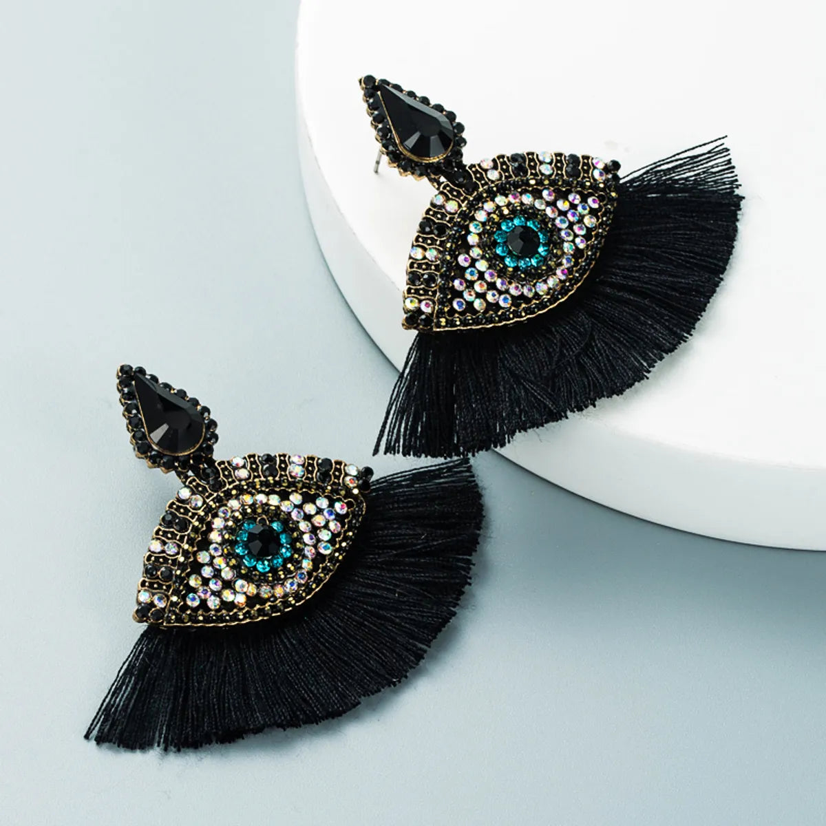 Devil'S Eyes Inlaid Rhinestones Fan-Shaped Tassel Earrings Wholesale Nihaojewelry