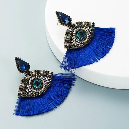 Devil'S Eyes Inlaid Rhinestones Fan-Shaped Tassel Earrings Wholesale Nihaojewelry