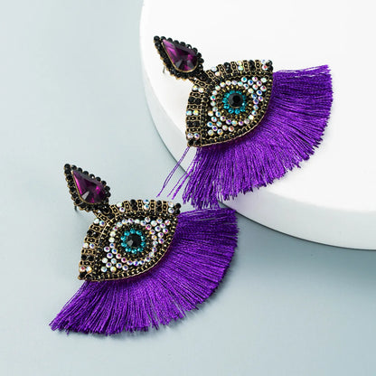 Devil'S Eyes Inlaid Rhinestones Fan-Shaped Tassel Earrings Wholesale Nihaojewelry