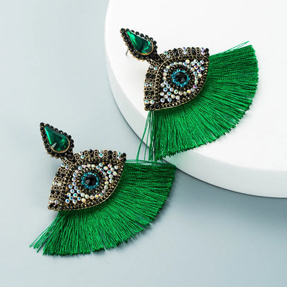 Devil'S Eyes Inlaid Rhinestones Fan-Shaped Tassel Earrings Wholesale Nihaojewelry