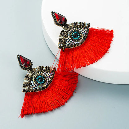 Devil'S Eyes Inlaid Rhinestones Fan-Shaped Tassel Earrings Wholesale Nihaojewelry