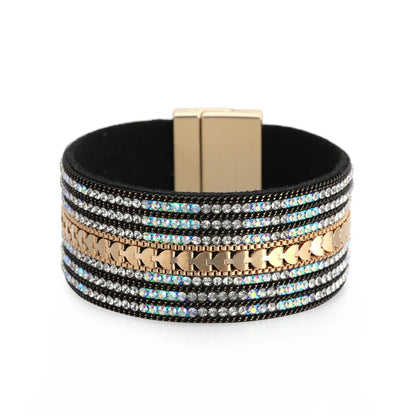 Diamond Leather Wide-Sided Magnetic Buckle Bracelet