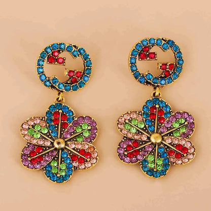 Diamond-studded Colorful Round G Flower Earrings