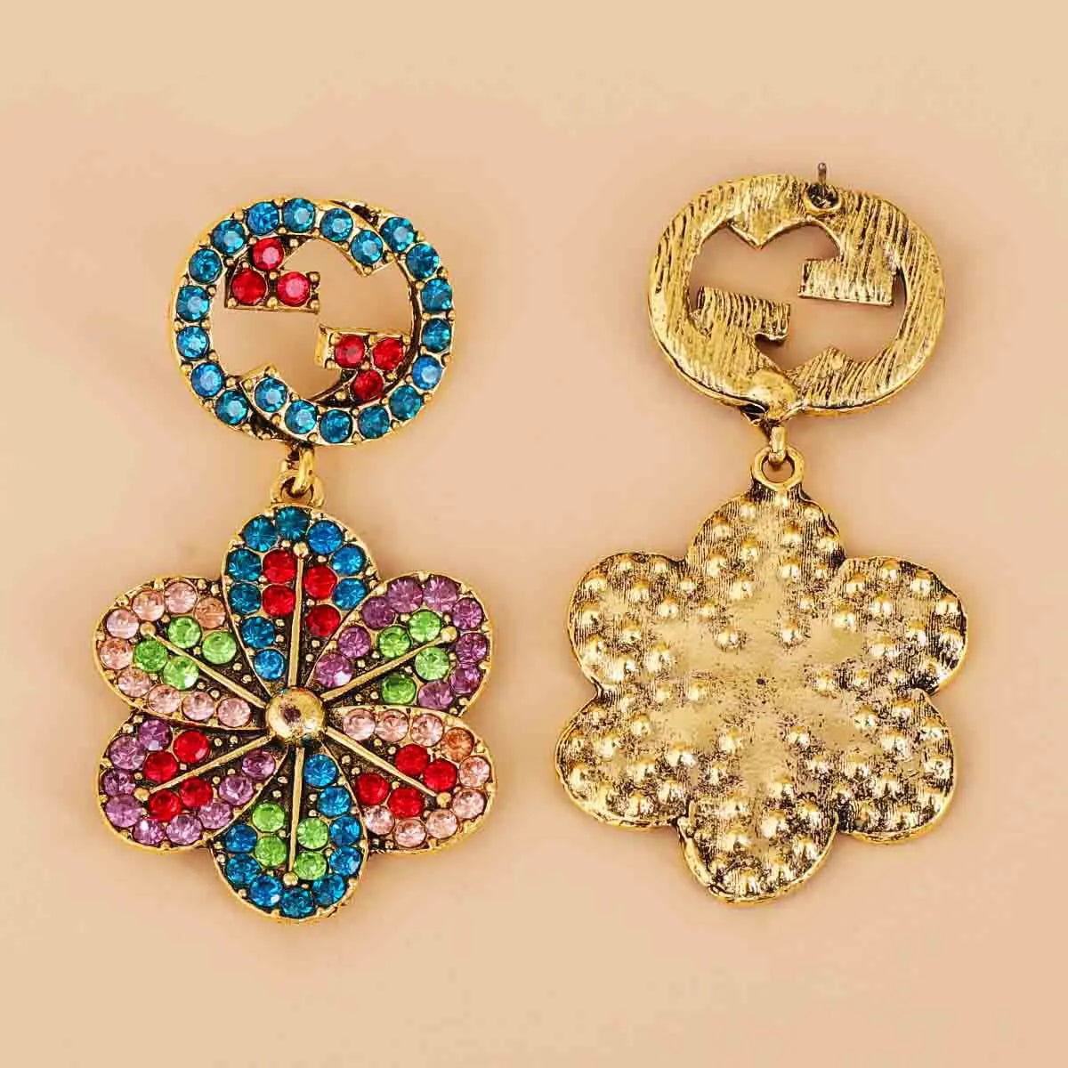 Diamond-studded Colorful Round G Flower Earrings