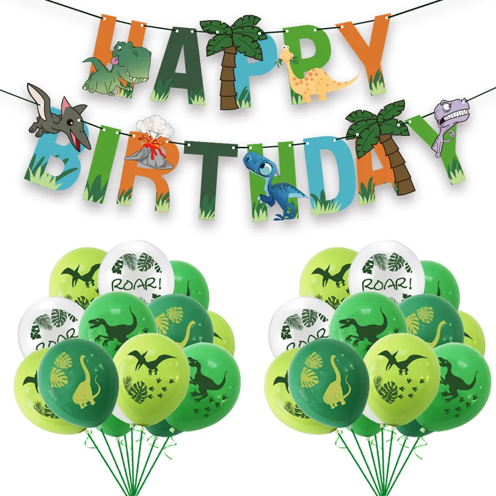 Dinosaur Theme Birthday Party Decoration Dinosaur Latex Balloon Paper Banner Cake Card Set