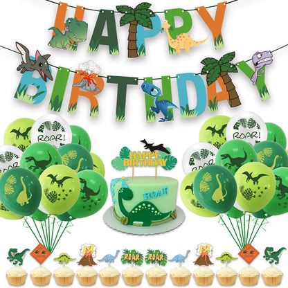 Dinosaur Theme Birthday Party Decoration Dinosaur Latex Balloon Paper Banner Cake Card Set