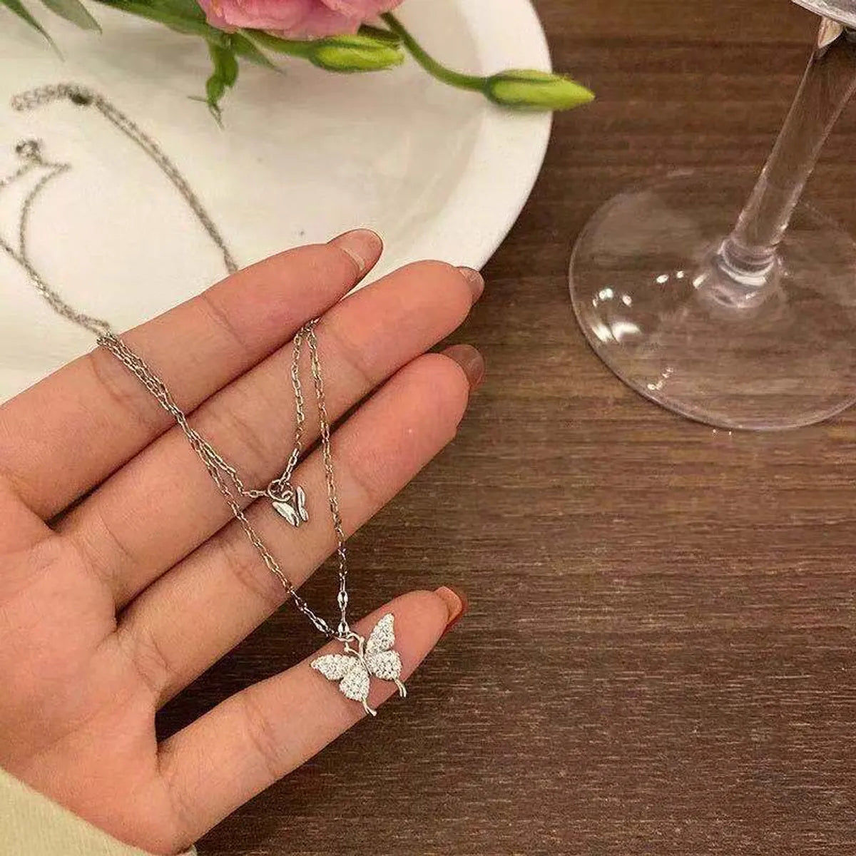 Double-layer Butterfly Diamond Pendant Necklace