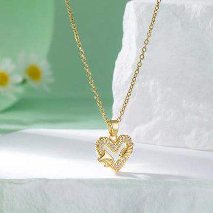 Stainless Steel Titanium Steel 18K Gold Plated Elegant Artistic Plating Inlay Heart Shape Flower Bow Knot Zircon Pendant Necklace