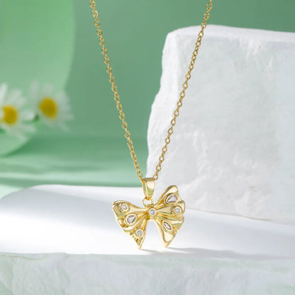 Stainless Steel Titanium Steel 18K Gold Plated Elegant Artistic Plating Inlay Heart Shape Flower Bow Knot Zircon Pendant Necklace