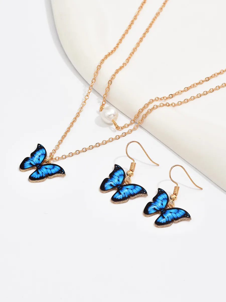 Elegant Beach Sweet Pearl Butterfly 18k Gold Plated Alloy Wholesale Earrings Necklace