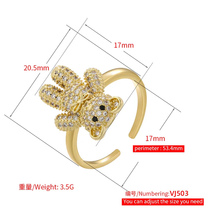 Elegant Bear Copper Plating Inlay Zircon 18k Gold Plated Open Rings