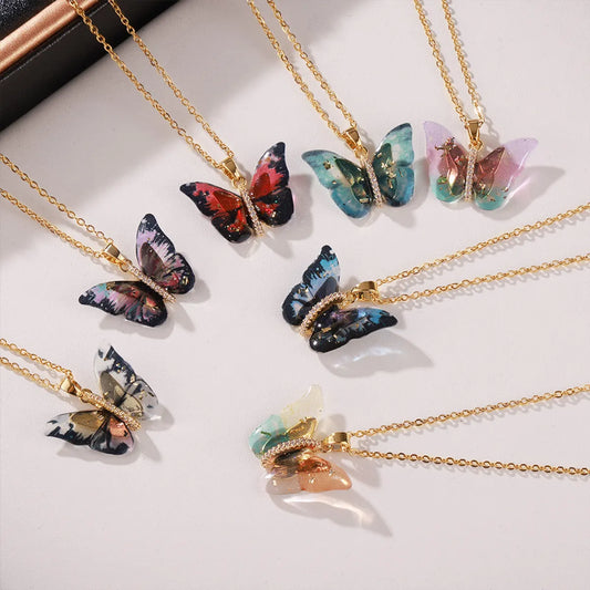 Elegant Bohemian Butterfly 18K Gold Plated Rhinestones 304 Stainless Steel Resin Copper Wholesale Pendant Necklace