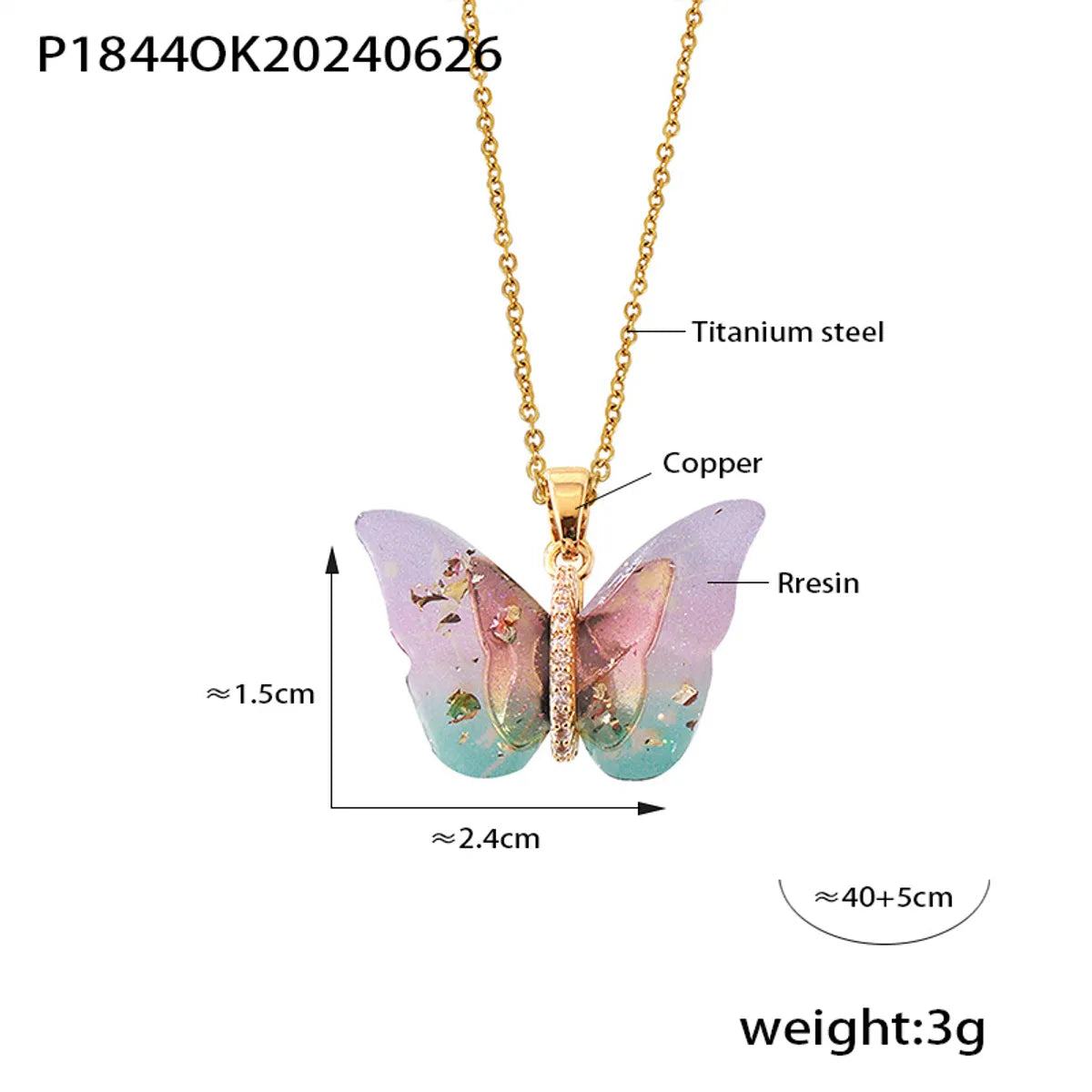 Elegant Bohemian Butterfly 18K Gold Plated Rhinestones 304 Stainless Steel Resin Copper Wholesale Pendant Necklace