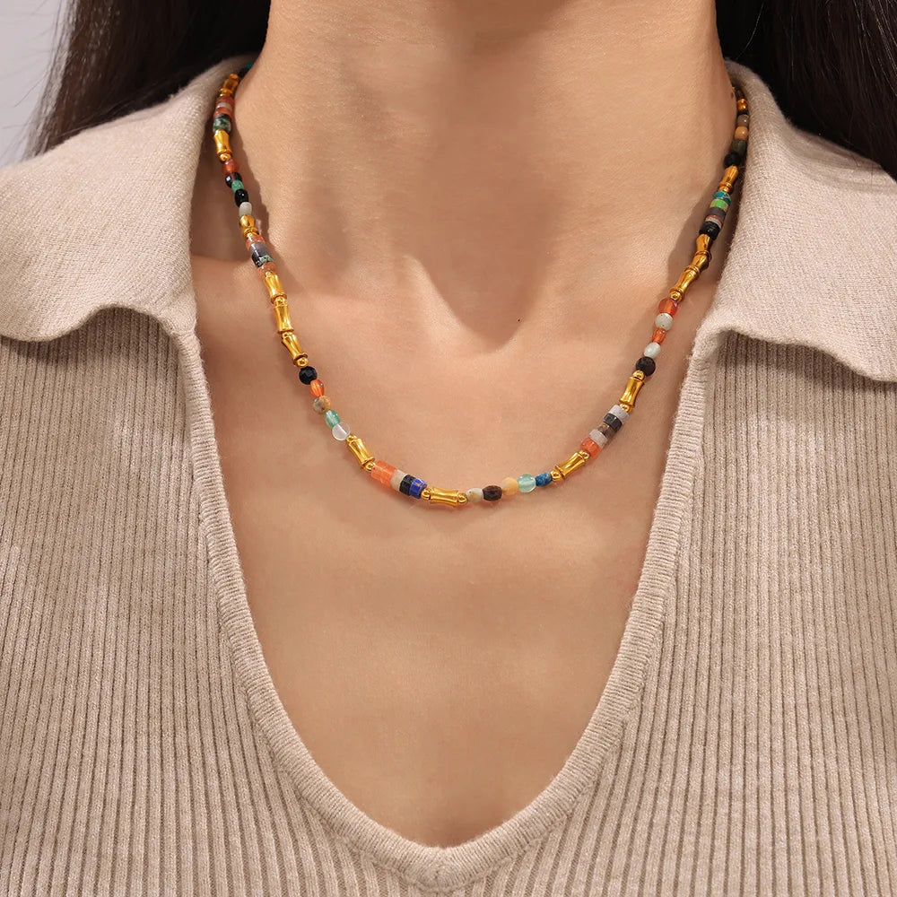 Elegant Bohemian Geometric 18K Gold Plated 304 Stainless Steel Beaded Wholesale Necklace