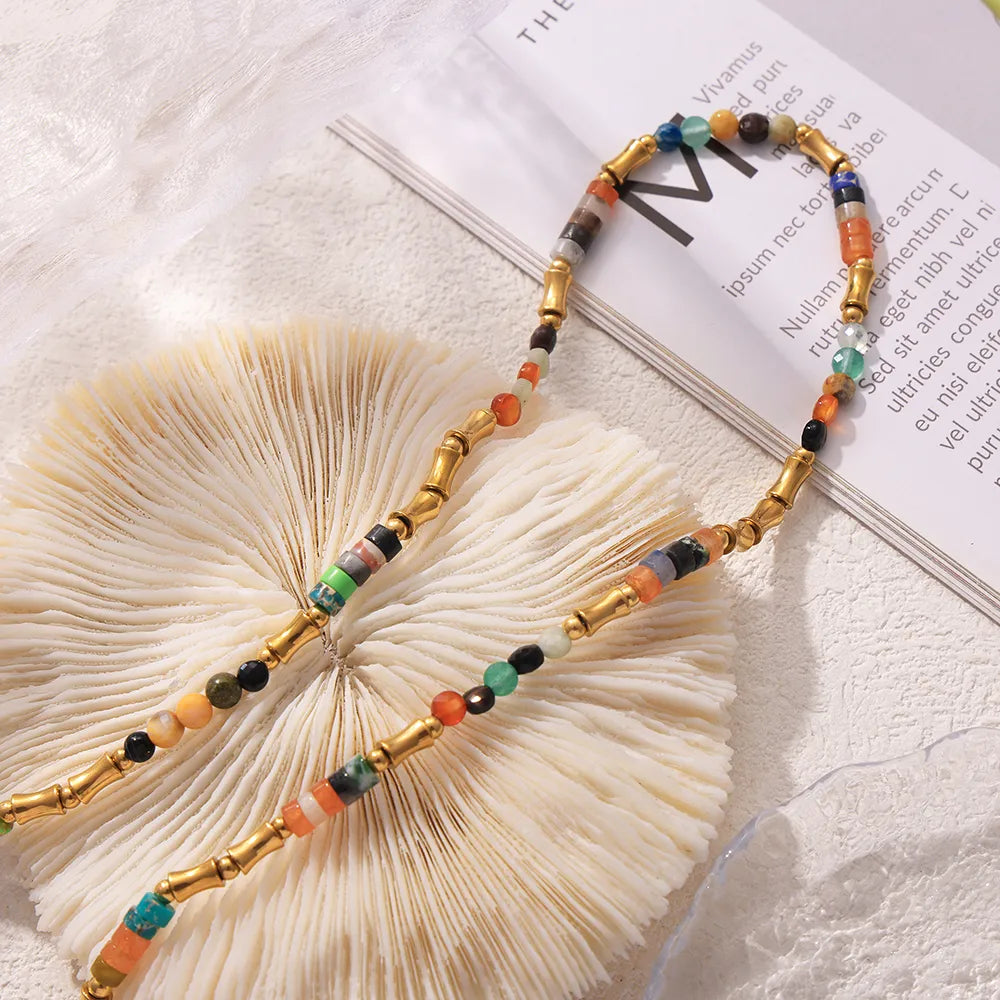 Elegant Bohemian Geometric 18K Gold Plated 304 Stainless Steel Beaded Wholesale Necklace