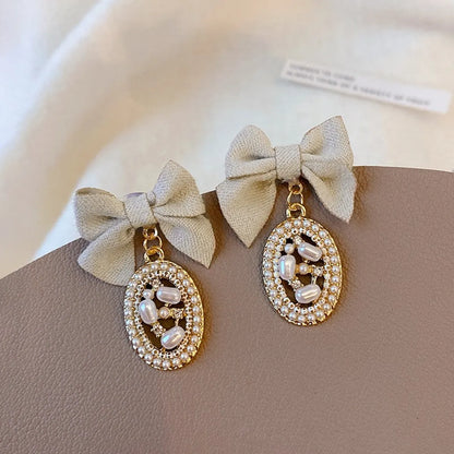 Elegant Bow Knot Inlay Alloy Pearl Drop Earrings