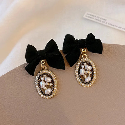 Elegant Bow Knot Inlay Alloy Pearl Drop Earrings