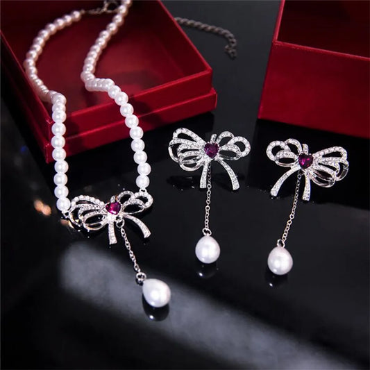 Elegant Bow Knot Imitation Pearl Alloy Inlay Rhinestones Women's Earrings Necklace