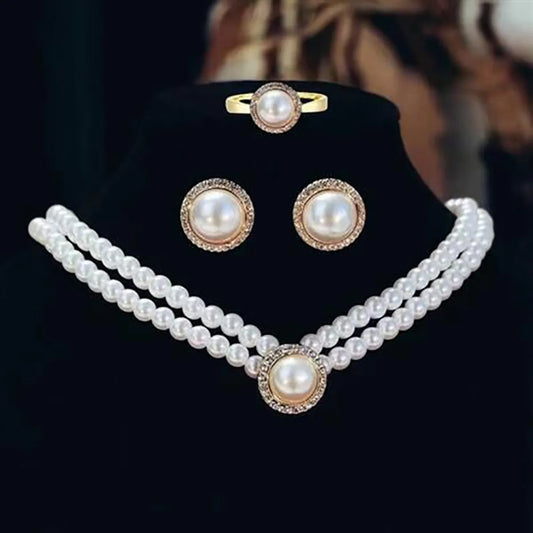 Elegant Bridal Geometric Imitation Pearl Beaded Women'S Rings Earrings Necklace