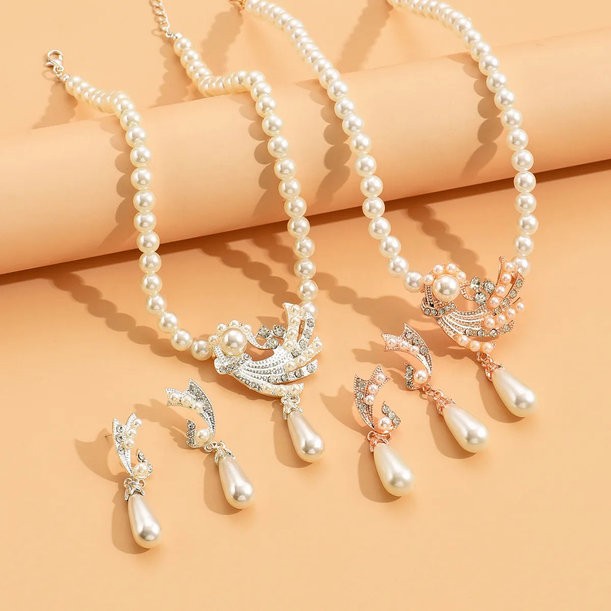 Elegant Bridal Streetwear Water Droplets Imitation Pearl Alloy Irregular Plating Inlay Rhinestones Women'S Earrings Necklace Jewelry Set