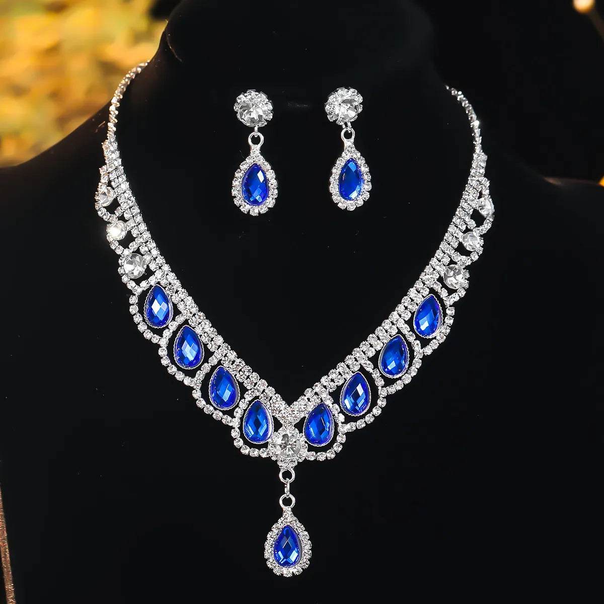 Elegant Bridal Streetwear Water Droplets Rhinestone Women'S Earrings Necklace Jewelry Set