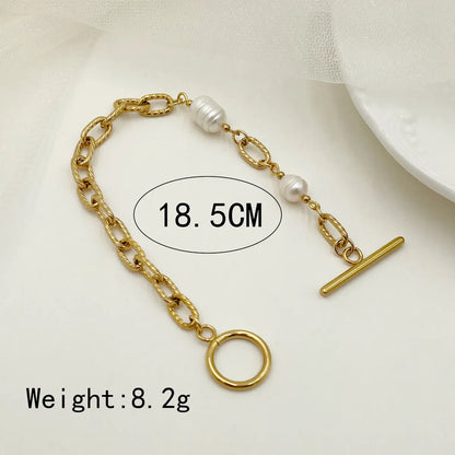 Elegant British Style Solid Color Stainless Steel Toggle Pearl Plating Gold Plated Bracelets