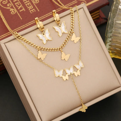 Wholesale Elegant Butterfly Stainless Steel Layered Plating Inlay Shell Bracelets Earrings Necklace