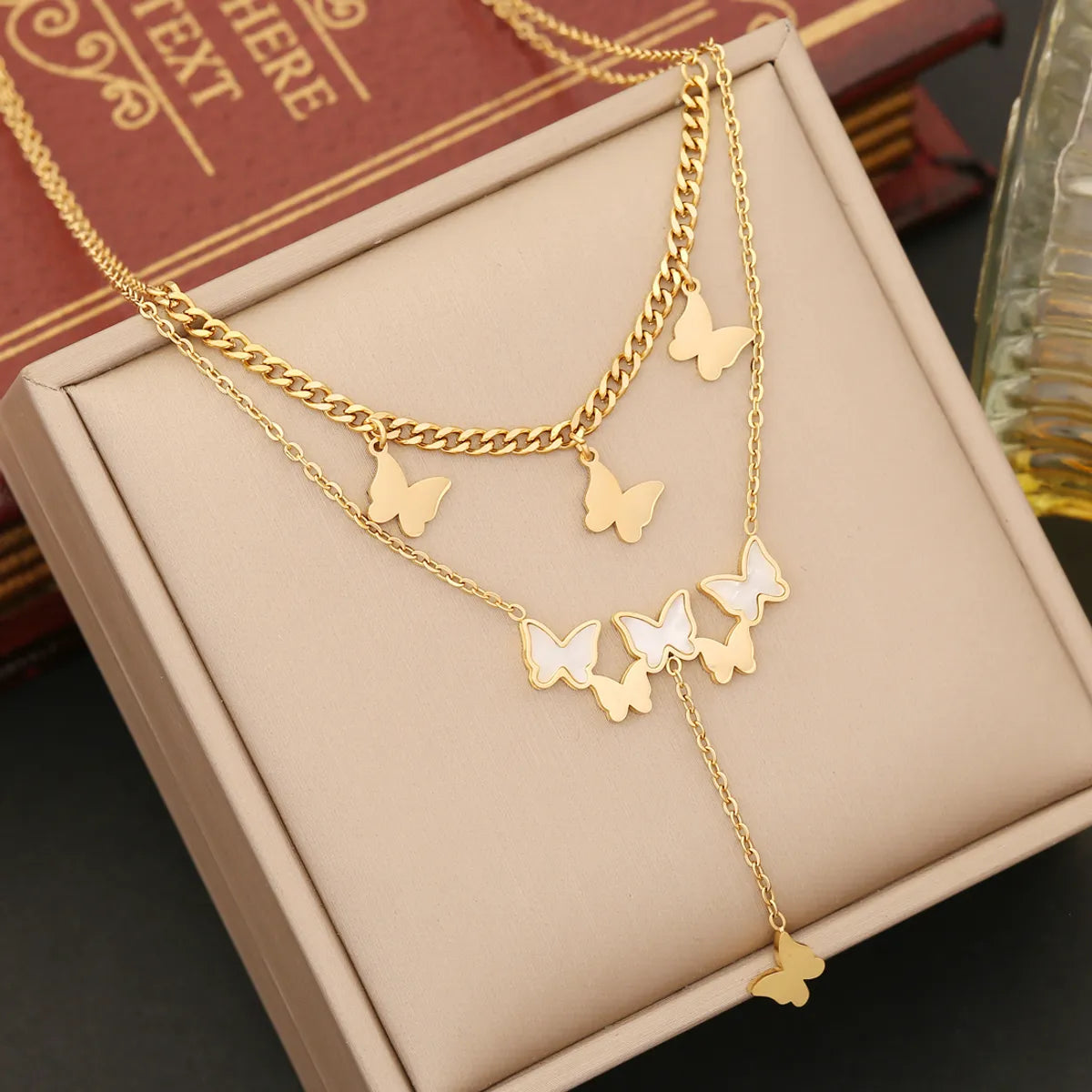 Wholesale Elegant Butterfly Stainless Steel Layered Plating Inlay Shell Bracelets Earrings Necklace