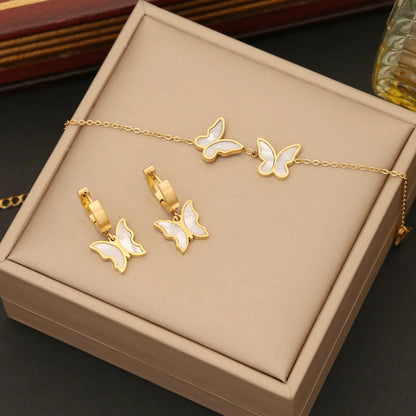 Wholesale Elegant Butterfly Stainless Steel Layered Plating Inlay Shell Bracelets Earrings Necklace