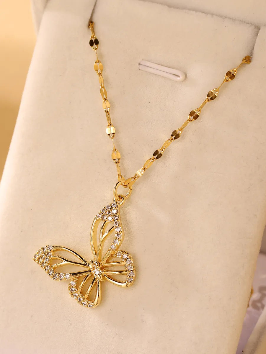 Elegant Butterfly Stainless Steel Plating Inlay Zircon 18k Gold Plated Necklace