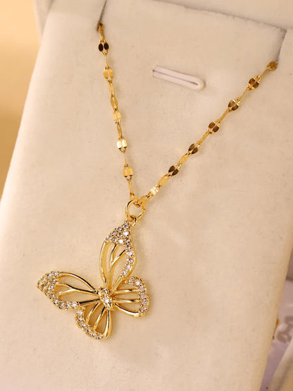 Elegant Butterfly Stainless Steel Plating Inlay Zircon 18k Gold Plated Necklace