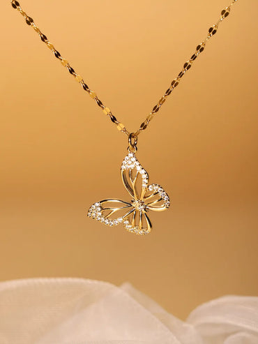 Elegant Butterfly Stainless Steel Plating Inlay Zircon 18k Gold Plated Necklace