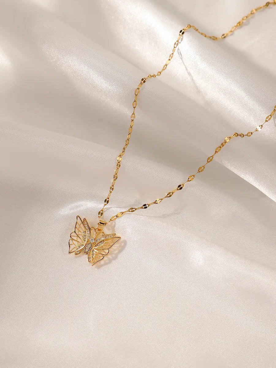 Elegant Butterfly Stainless Steel Zircon 18k Gold Plated Pendant Necklace