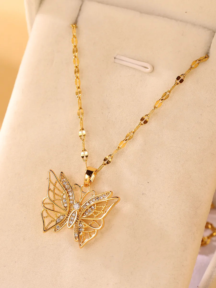 Elegant Butterfly Stainless Steel Zircon 18k Gold Plated Pendant Necklace