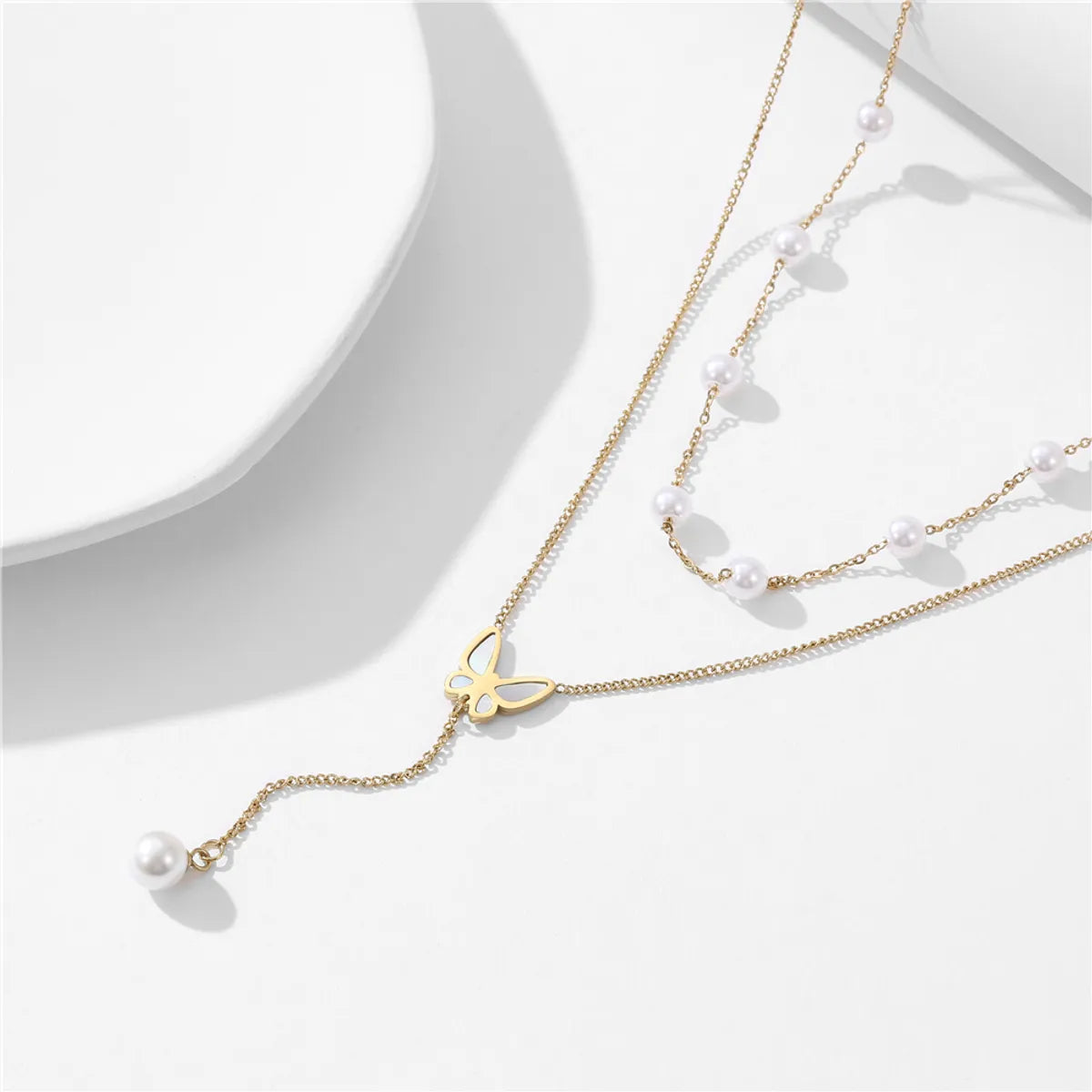 Elegant Butterfly Titanium Steel Plating Inlay Artificial Pearls Shell 18k Gold Plated Layered Necklaces