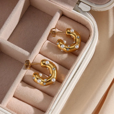 Elegant C Shape Inlay 304 Stainless Steel Artificial Pearls Zircon 18K Gold Plated Earrings