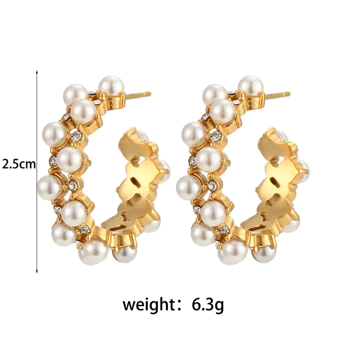 Elegant C Shape Inlay Stainless Steel Artificial Pearls Zircon Gold Plated Earrings